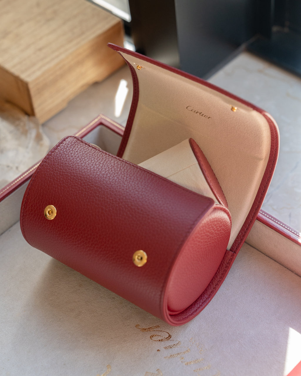 Cartier red calf skin leather oval watch case