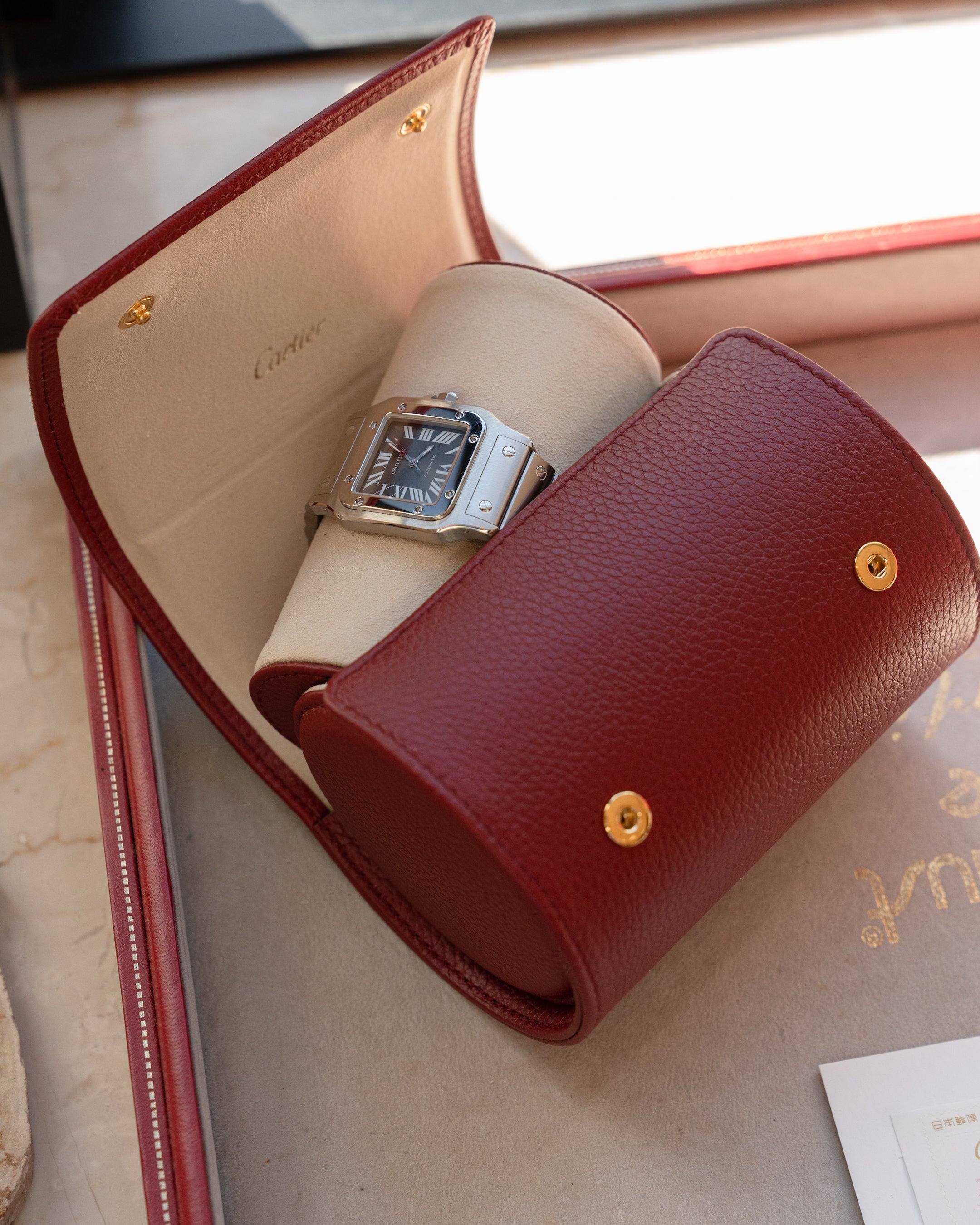 Cartier red calf skin leather oval watch case