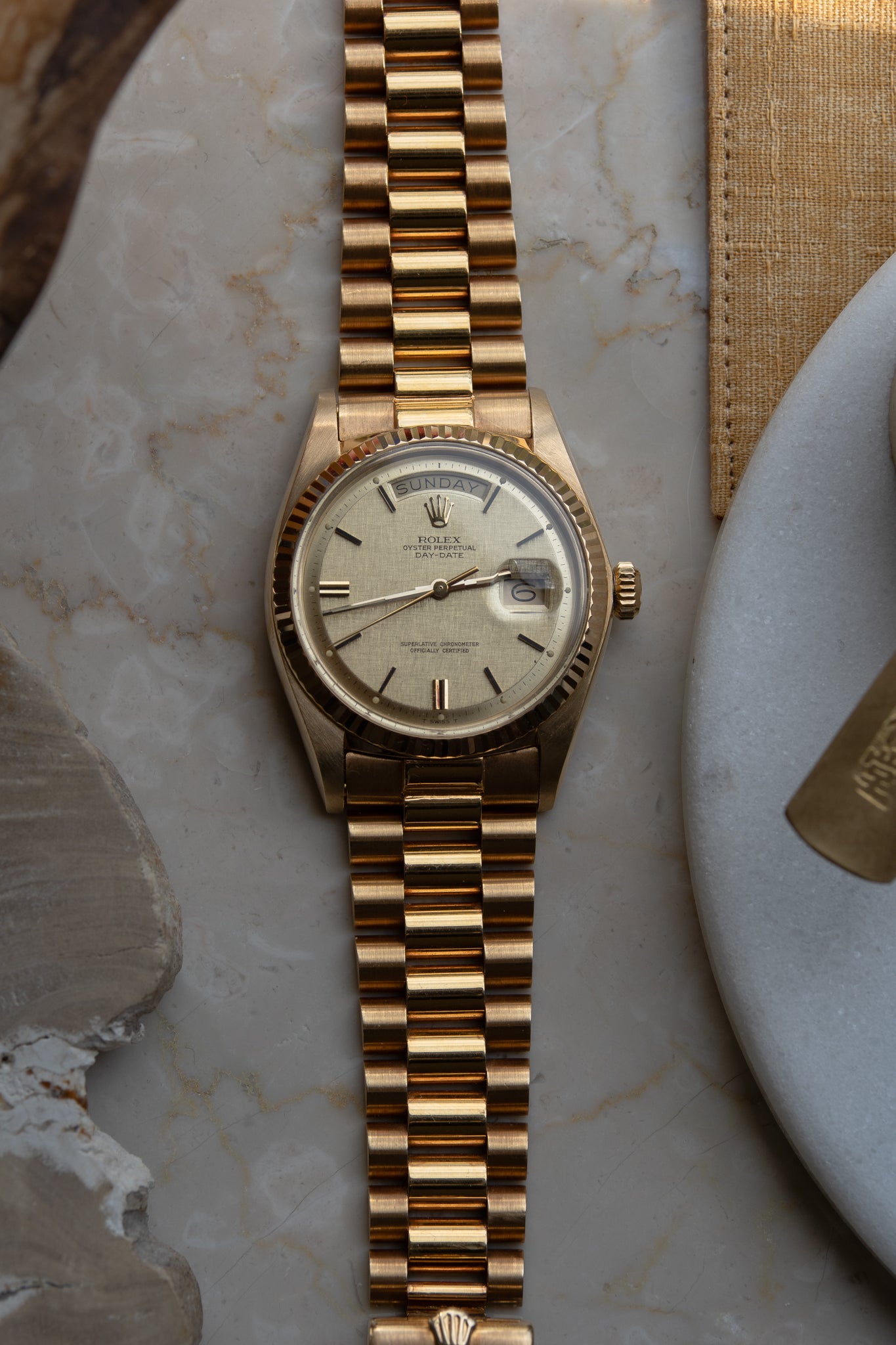 Rolex Day Date in Yellow Gold ref 1803 Linen Dial 1974 on