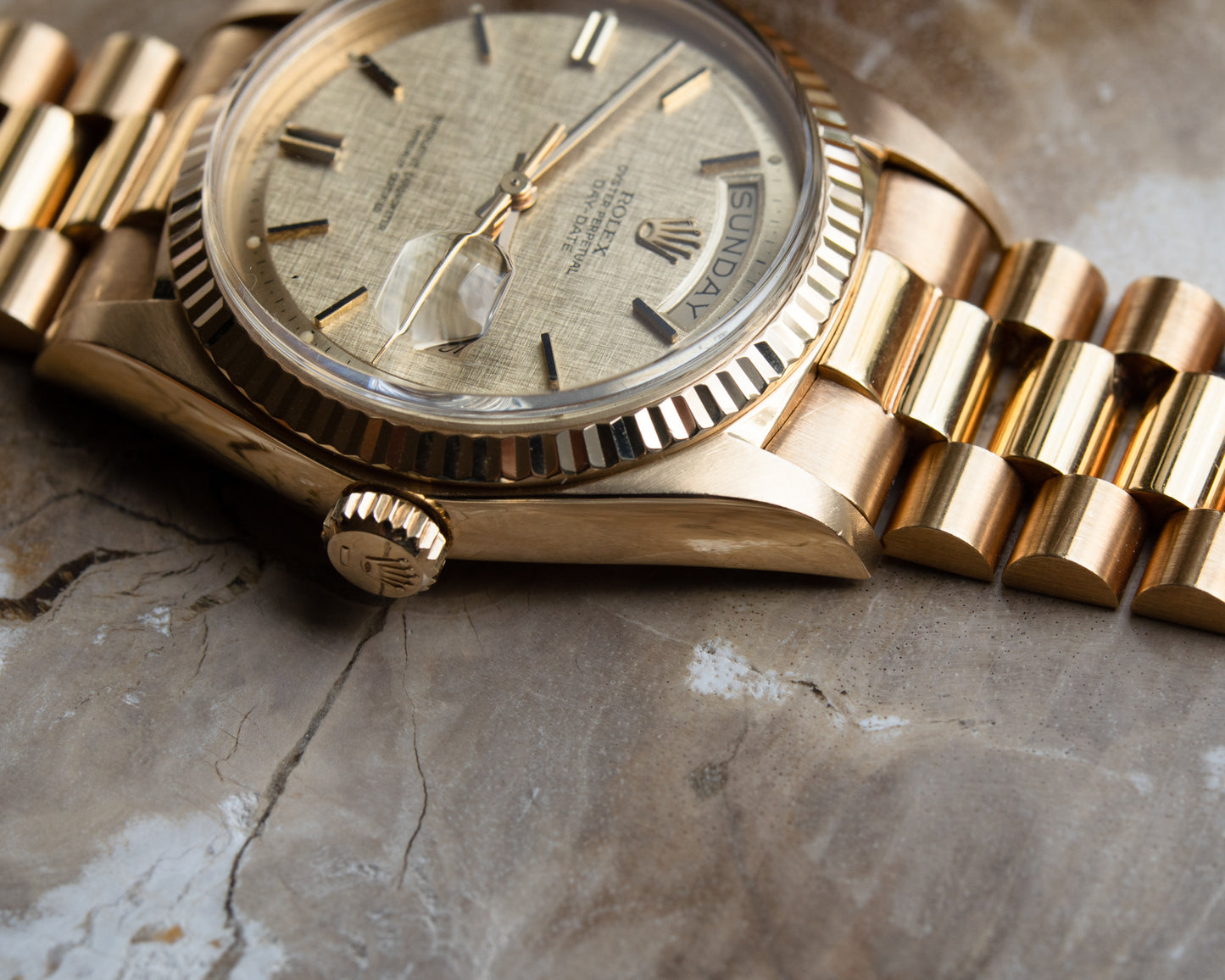 Rolex Day-Date in Yellow Gold ref 1803 Linen Dial 1974 on President bracelet