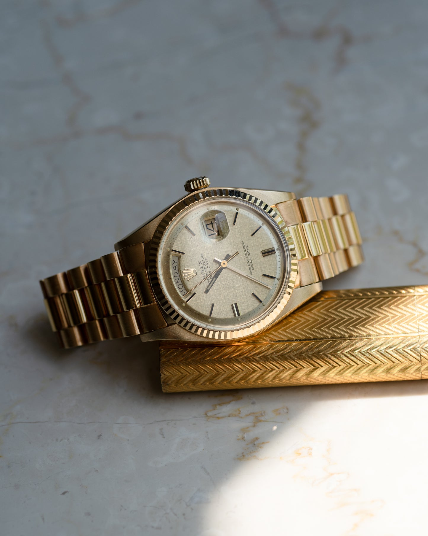 Rolex Day-Date in Yellow Gold ref 1803 Linen Dial 1974 on President bracelet