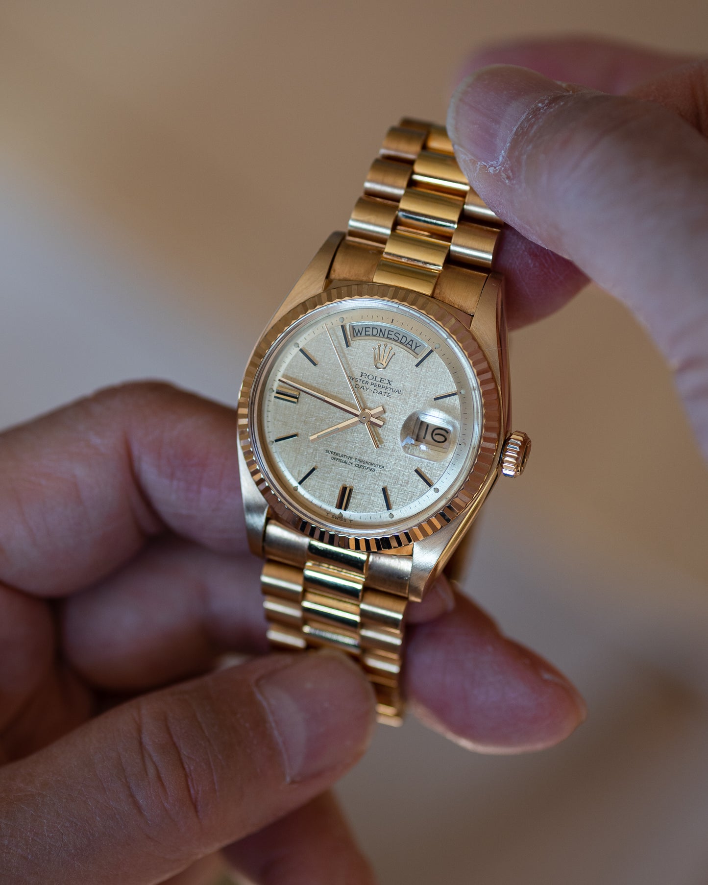 Rolex Day-Date in Yellow Gold ref 1803 Linen Dial 1974 on President bracelet