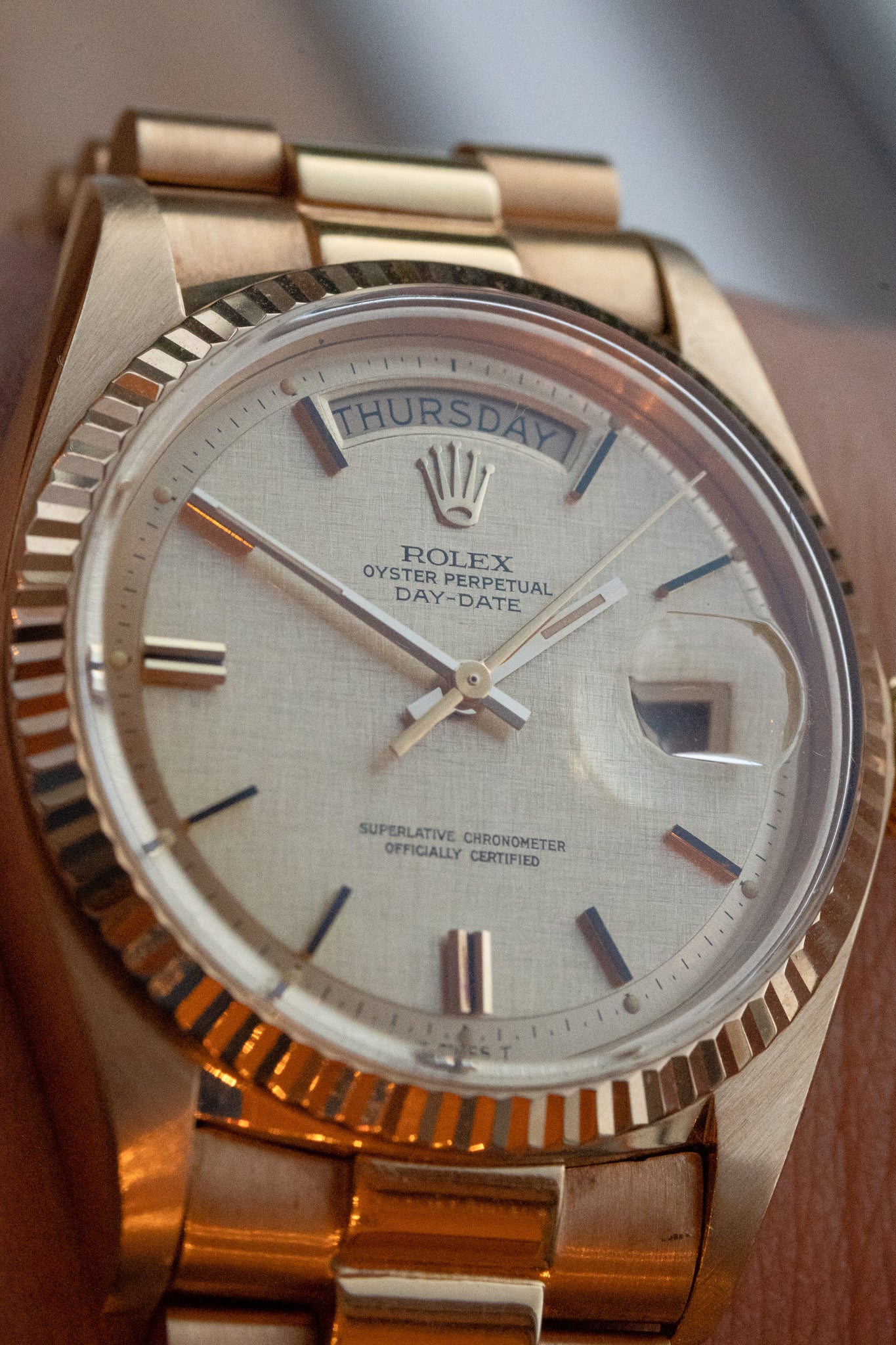 Rolex Day-Date in Yellow Gold ref 1803 Linen Dial 1974 on President bracelet